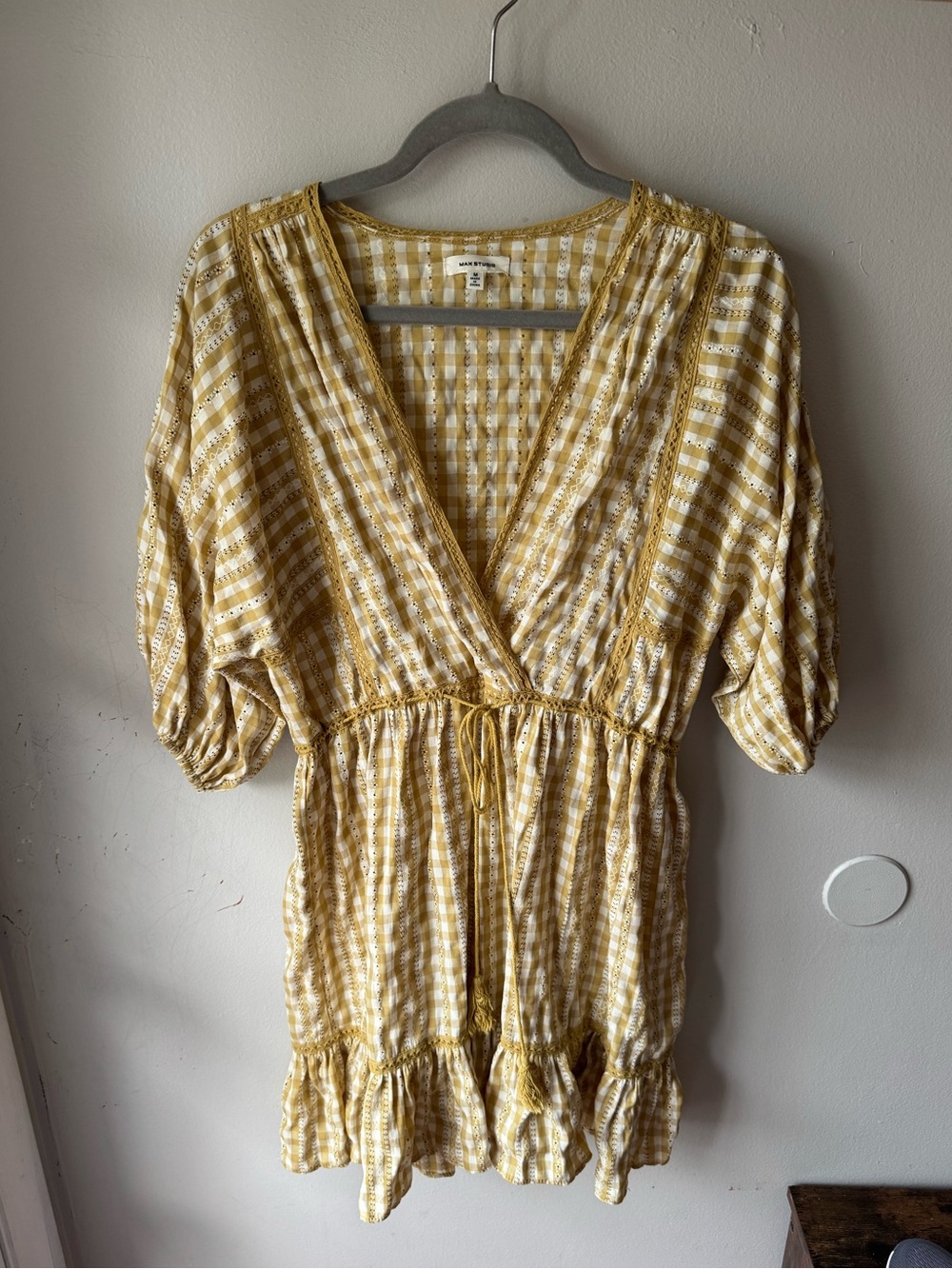Max Studio Gingham Plaid Lace Trim V-Neck Dress Medium Yellow Cottagecore Boho